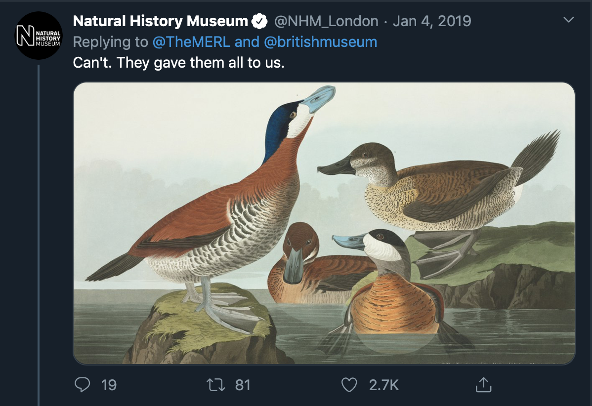 Skjermbilde av tweet fra TheMERL, med teksten: "Hey @britishmuseum give us your best duk"