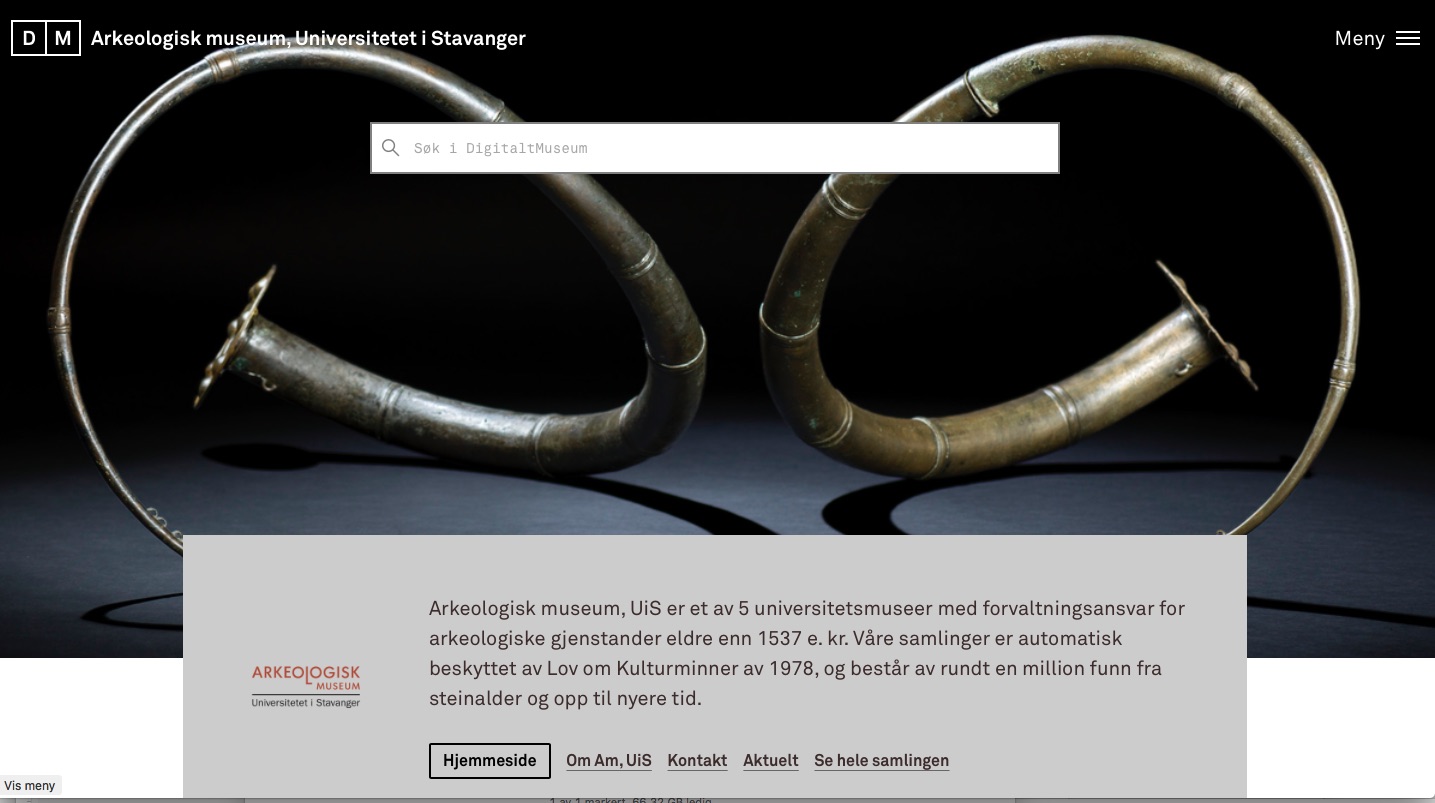 Skjermbilde av Arkeologisk Museum i Stavanger sin side på DigitaltMuseum