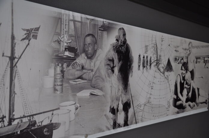 Svart-hvit fotomontasje med bl.a. Roald Amundsen